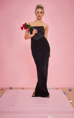 Black Acetate Slinky Contrast Bandeau Maxi Dress