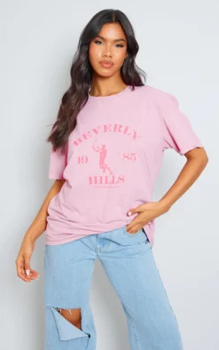 PRETTYLITTLETHING Baby Pink Washed Beverley Hills Print T Shirt