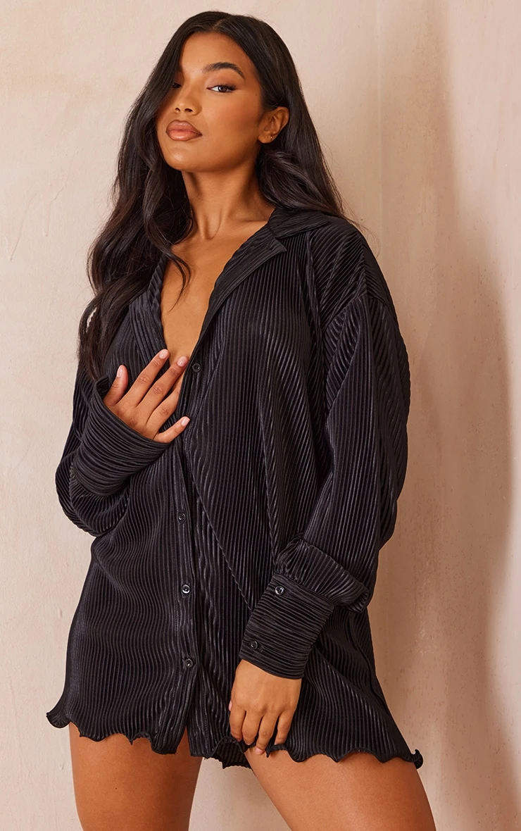 Black Plisse Frill Hem Shirt Dress 1 Black Plisse Frill Hem Shirt Dress