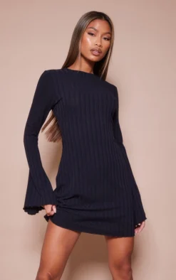 Black Wide Rib Flare Lettuce Hem Sleeve Bodycon Dress