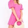 Hot Pink Oversized Gingham Puff Sleeve Shift Dress