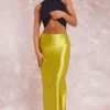 Olive Stretch Satin Split Side Maxi Skirt