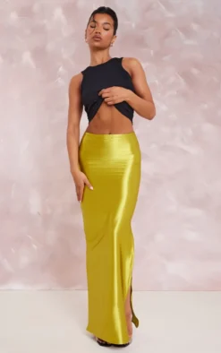 Olive Stretch Satin Split Side Maxi Skirt