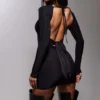Black Slinky Backless Tie Detail Long Sleeve Bodycon Dress