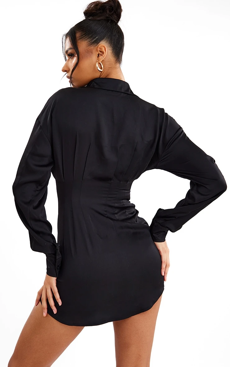 Black Satin Fitted Waist Shirt Dress 2 Black Satin Fitted Waist Shirt Dress - Image 2