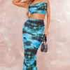 Blue Printed Plisse Maxi Skirt