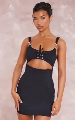 Black Stretch Woven Lace Up Trim Detail Bodycon Dress