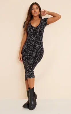 Black Polka Dot Ruched Bust Midi Dress