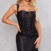 Black Satin Eyelet Lace Up Corset Detail Bodycon Dress