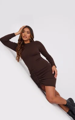 Chocolate Long Sleeve Ruched Asymmetric Knit Dress
