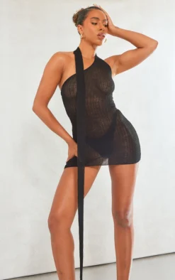 Black Fine Knit Scarf Detail Mini Dress