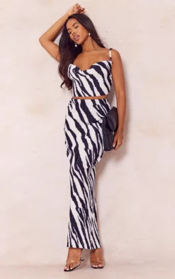 Black Zebra Print Plisse Maxi Skirt